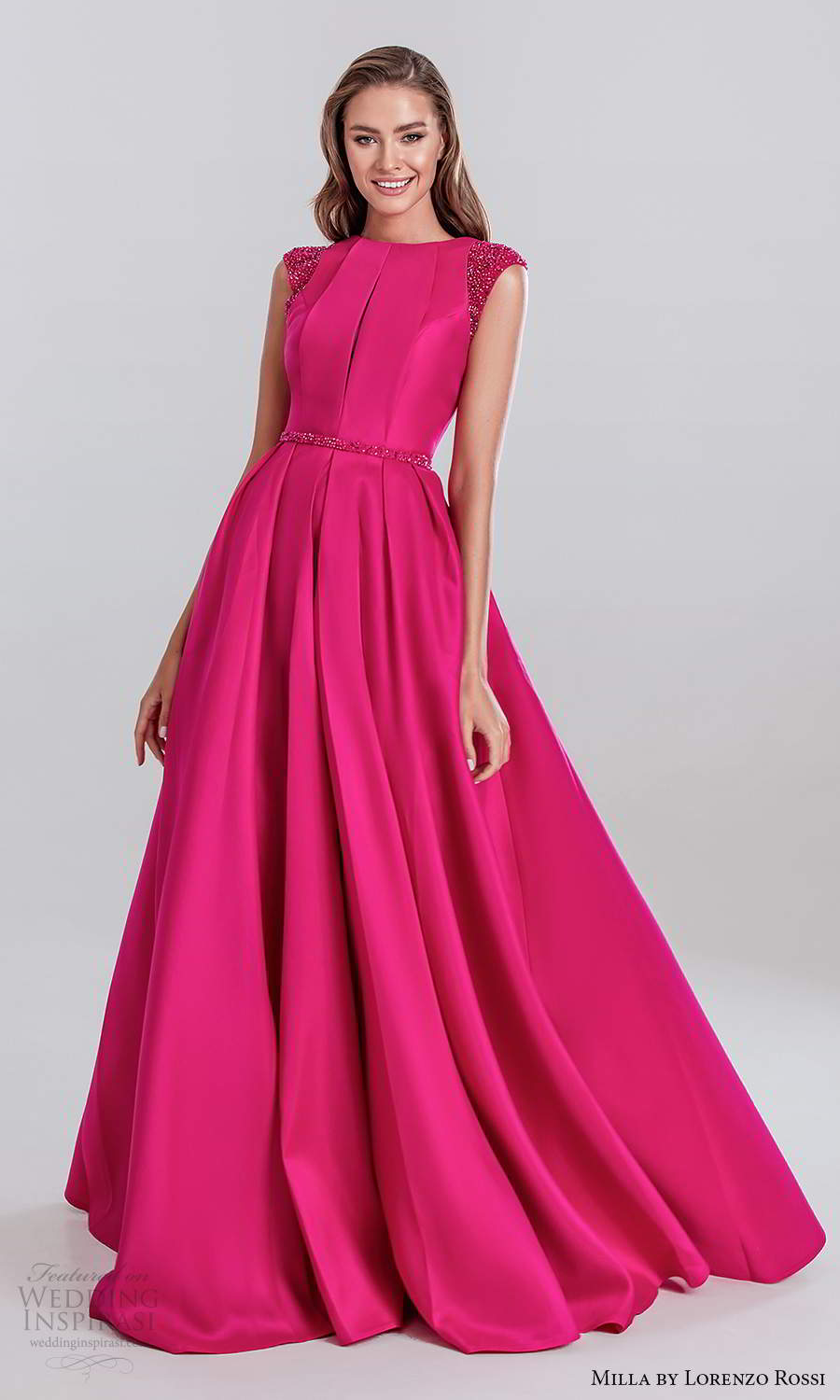 milla by lorenzo rossi 2020 rtw embellished cap sleeves bateau neckline hot pink a line ball gown evening dress (26) mv