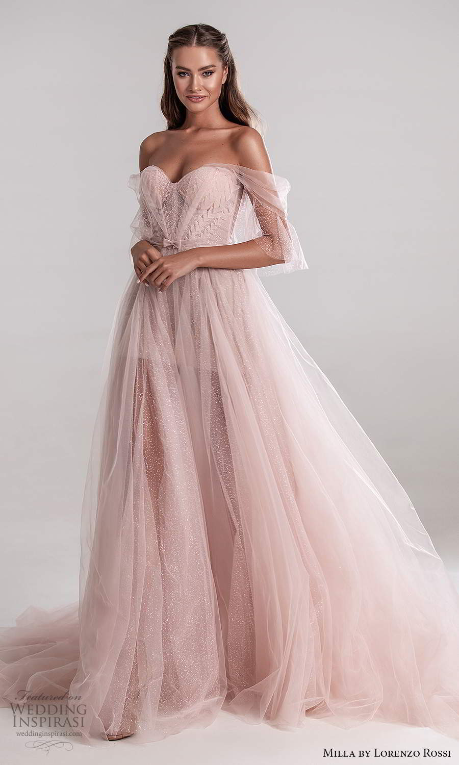 milla by lorenzo rossi 2020 rtw off shoulder illusion straps sweetheart neckline corset bodice a line ball gown wedding dress blush pink chapel train (4) mv