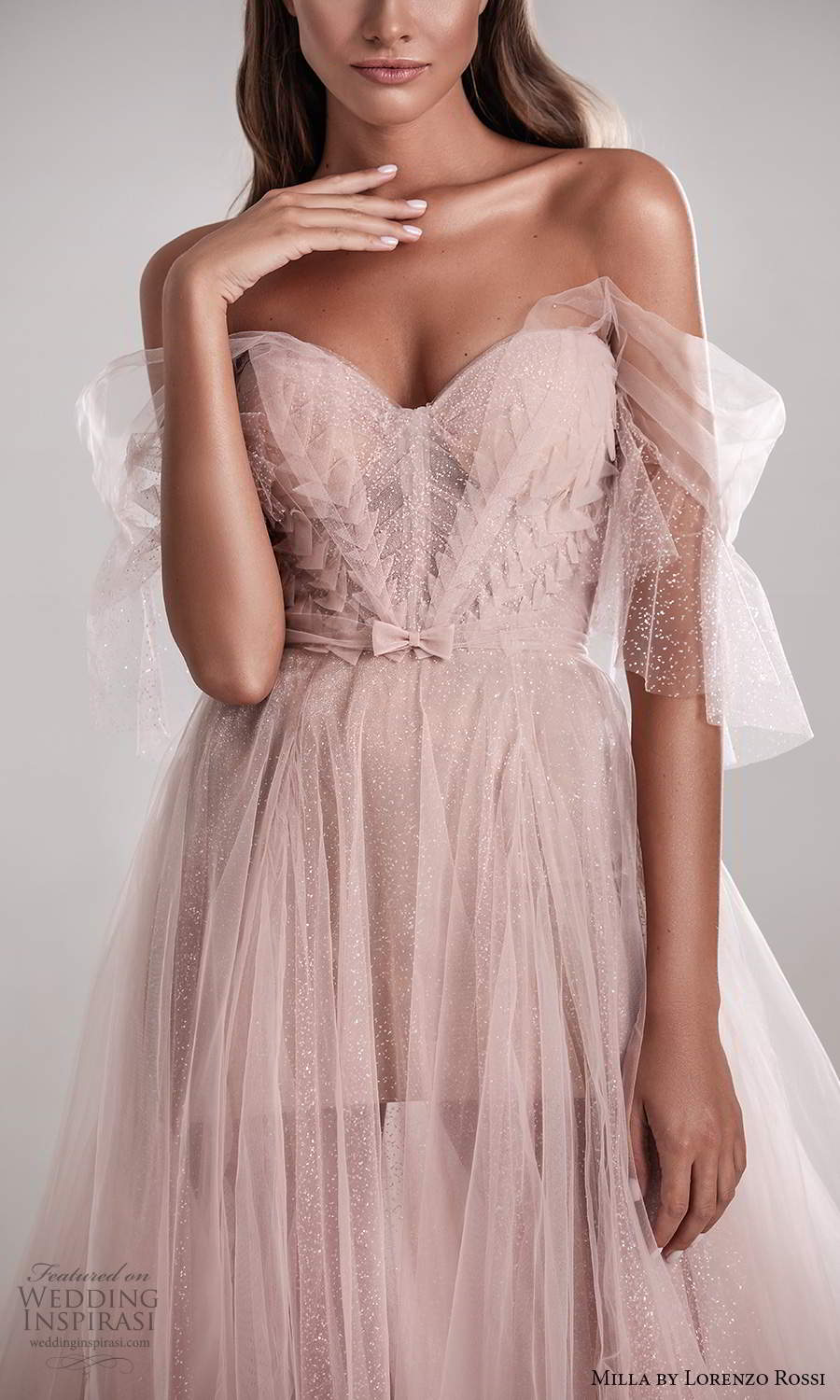 milla by lorenzo rossi 2020 rtw off shoulder illusion straps sweetheart neckline corset bodice a line ball gown wedding dress blush pink chapel train (4) zv