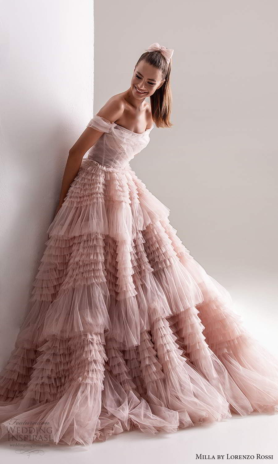 milla by lorenzo rossi 2020 rtw off shoulder straps semi sweetheart neckline ruched bodice a line ball gown wedding dress ruffle skirt chapel train blush pink (6) mv