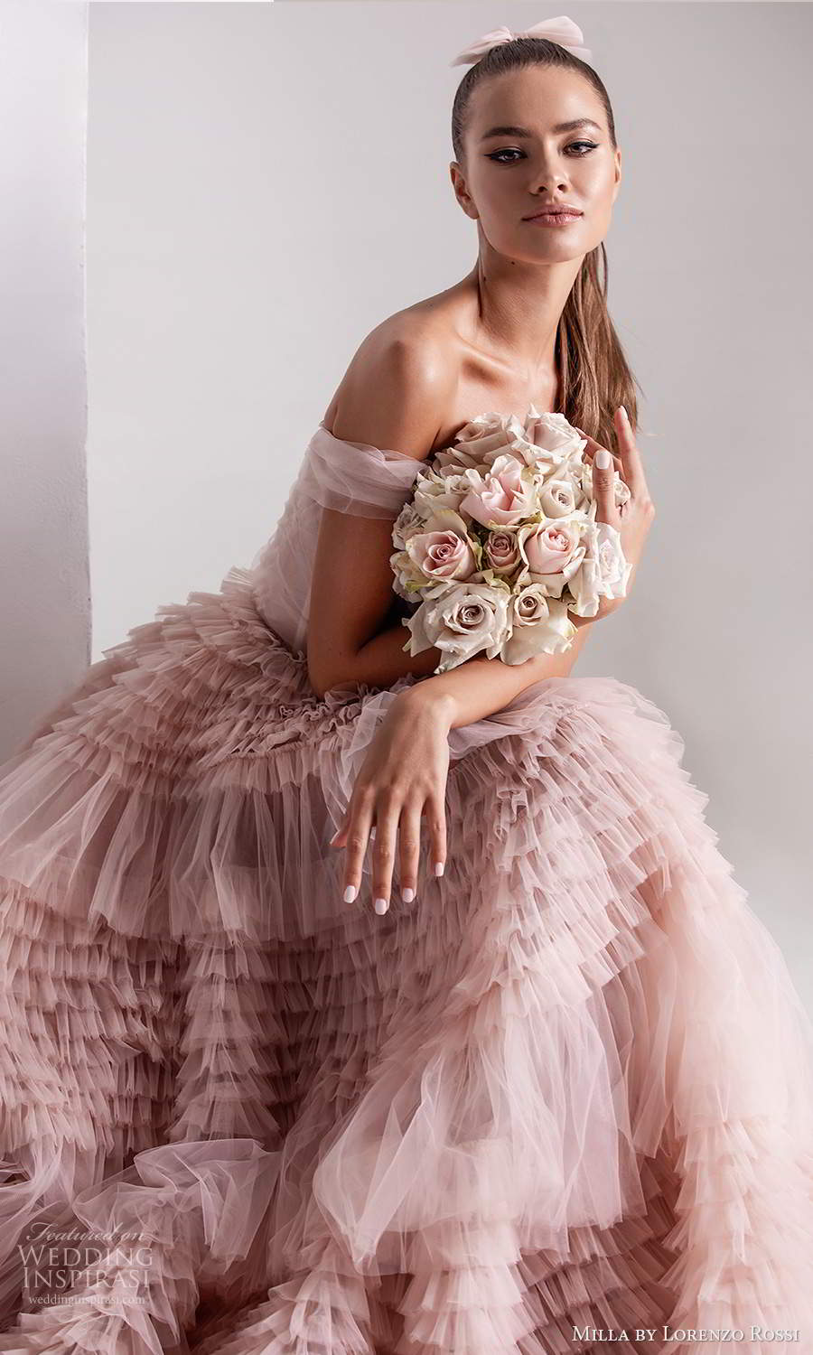 milla by lorenzo rossi 2020 rtw off shoulder straps semi sweetheart neckline ruched bodice a line ball gown wedding dress ruffle skirt chapel train blush pink (6) zv