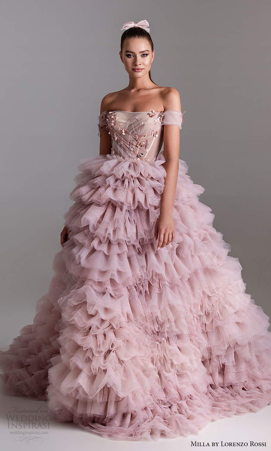 milla by lorenzo rossi 2020 rtw off shoulder straps sweetheart neckline embellished bodice a line ball gown wedding dress ruffle skirt lavender pink (15) fv