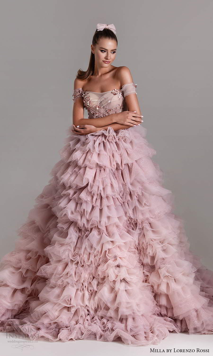 milla by lorenzo rossi 2020 rtw off shoulder straps sweetheart neckline embellished bodice a line ball gown wedding dress ruffle skirt lavender pink (15) mv