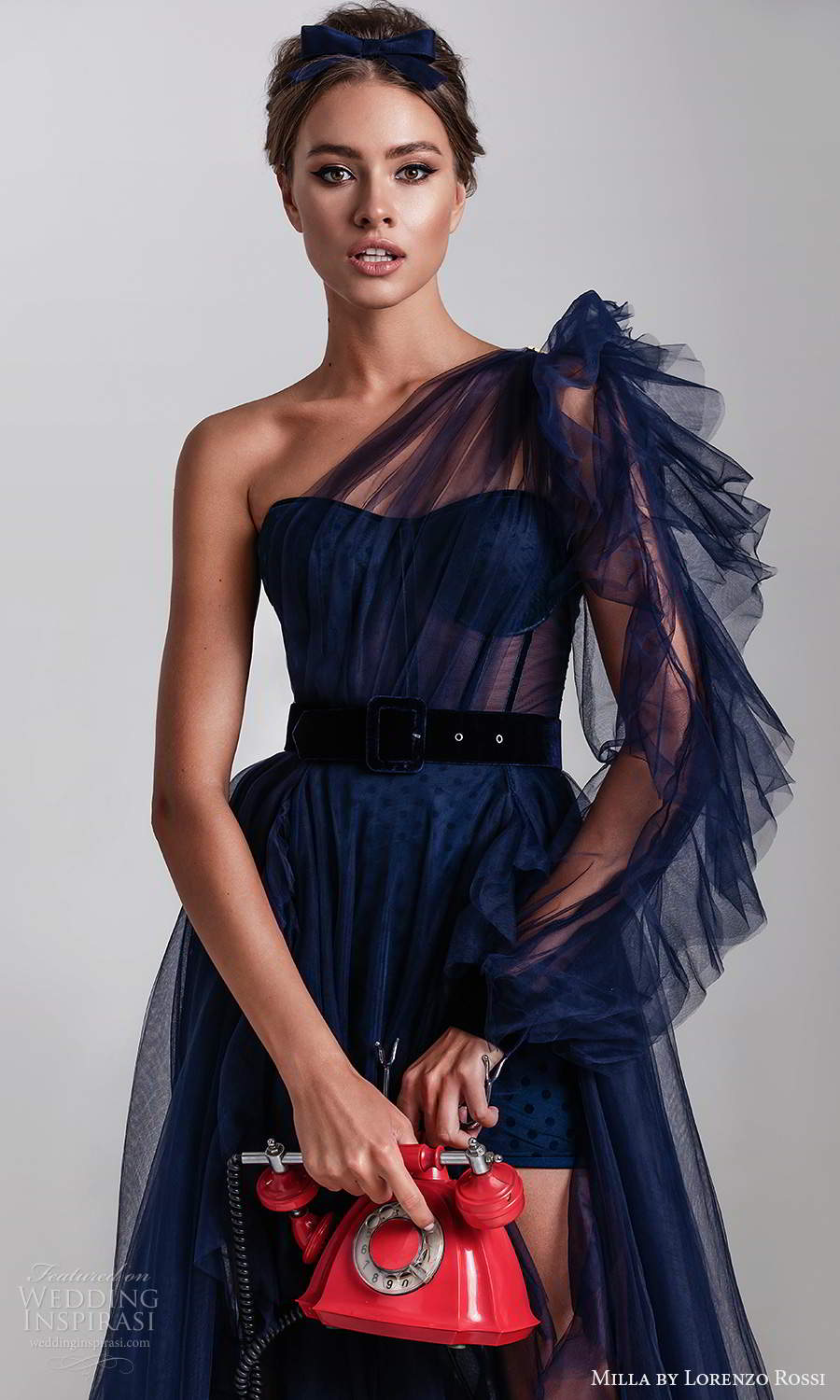 milla by lorenzo rossi 2020 rtw one shoulder semi sweetheart neckline ruched bodice a line ball gown wedding dress chapel train navy blue (8) zv