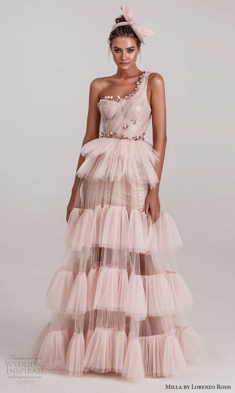 milla by lorenzo rossi 2020 rtw one shoulder straps sweetheart neckline ruched bodice embellished a line dress ruffle tier skirt pink blush (21) mv