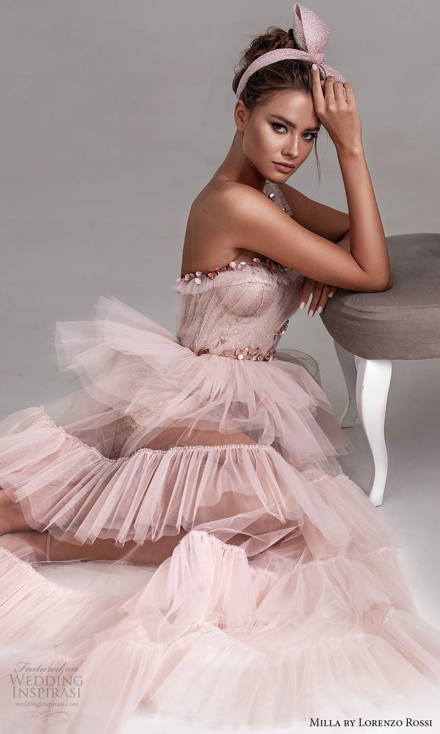 milla by lorenzo rossi 2020 rtw one shoulder straps sweetheart neckline ruched bodice embellished a line dress ruffle tier skirt pink blush (21) zsv