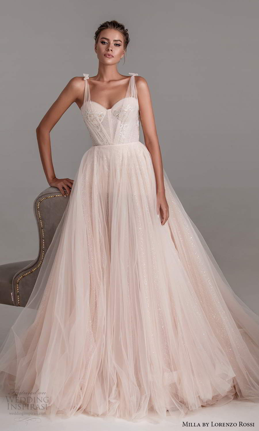 milla by lorenzo rossi 2020 rtw sleeveless ruched straps sweetheart corset bodice a line ball gown wedding dress chapel train (16) mv