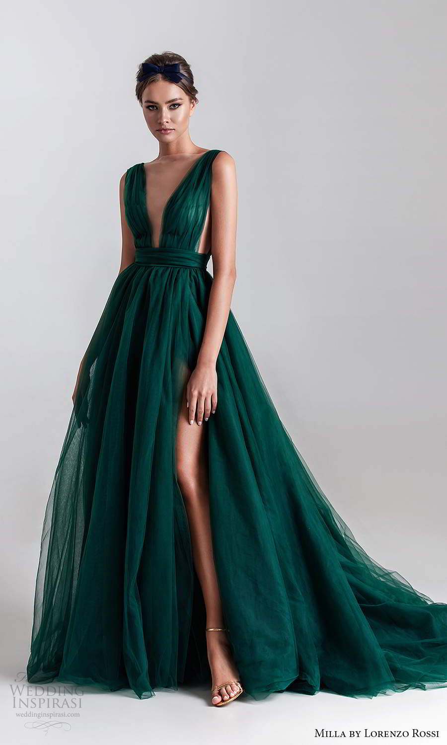 milla by lorenzo rossi 2020 rtw sleeveless  straps plunging neckline ruched bodice a line ball gown wedding dress slit skirt chapel train dark green color (12) mv