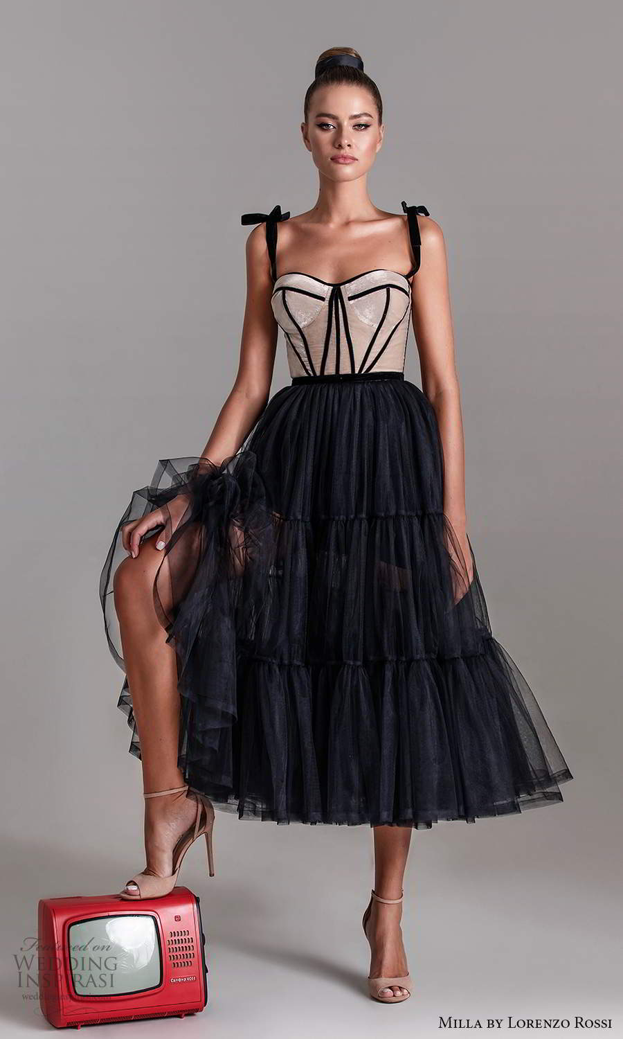 milla by lorenzo rossi 2020 rtw sleeveless straps semi sweetheart neckline corset bodice a line ball gown tea length wedding dress black skirt (3) mv