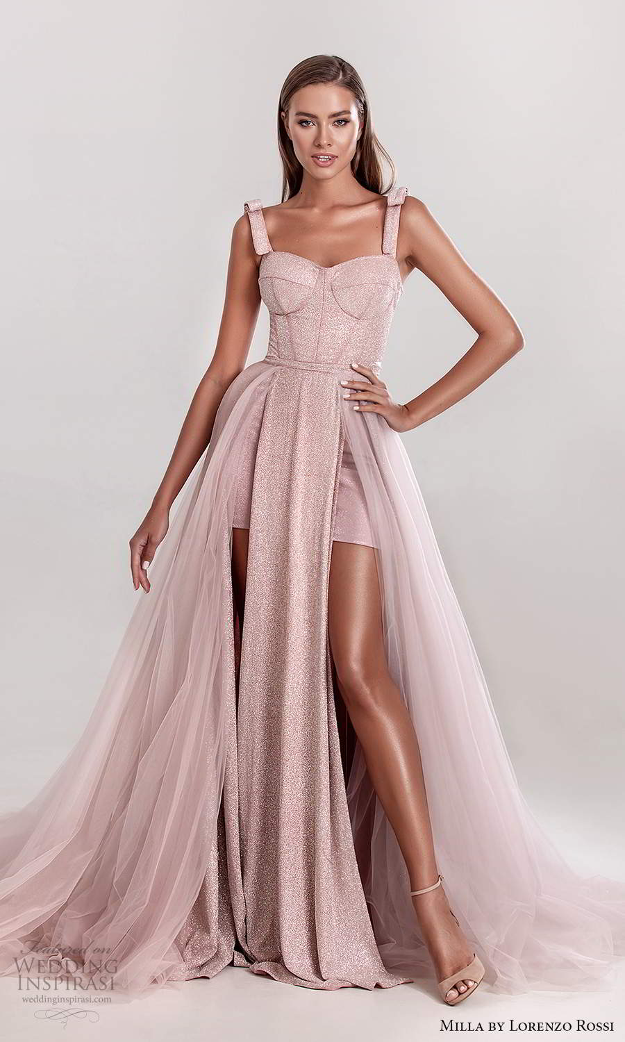 milla by lorenzo rossi 2020 rtw sleeveless straps semi sweetheart neckline corset bodice short wedding dress a line ball gown overskirt chapel train pink (7) mv