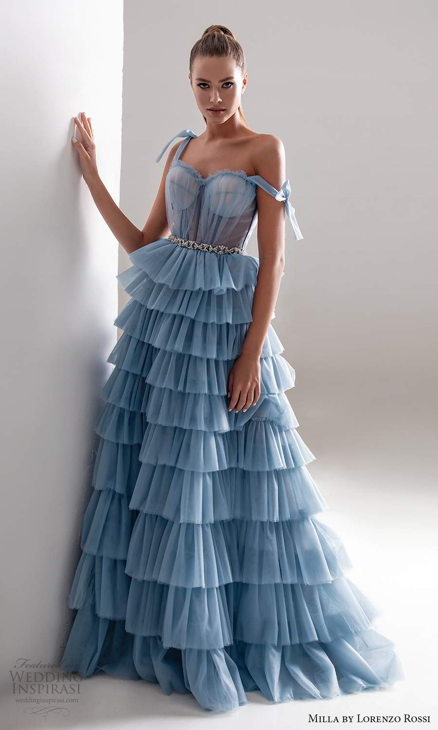 milla by lorenzo rossi 2020 rtw sleeveless straps sweetheart neckline ruched bodicea a line ball gown wedding dress ruffle tier skirt light blue color (10) mv