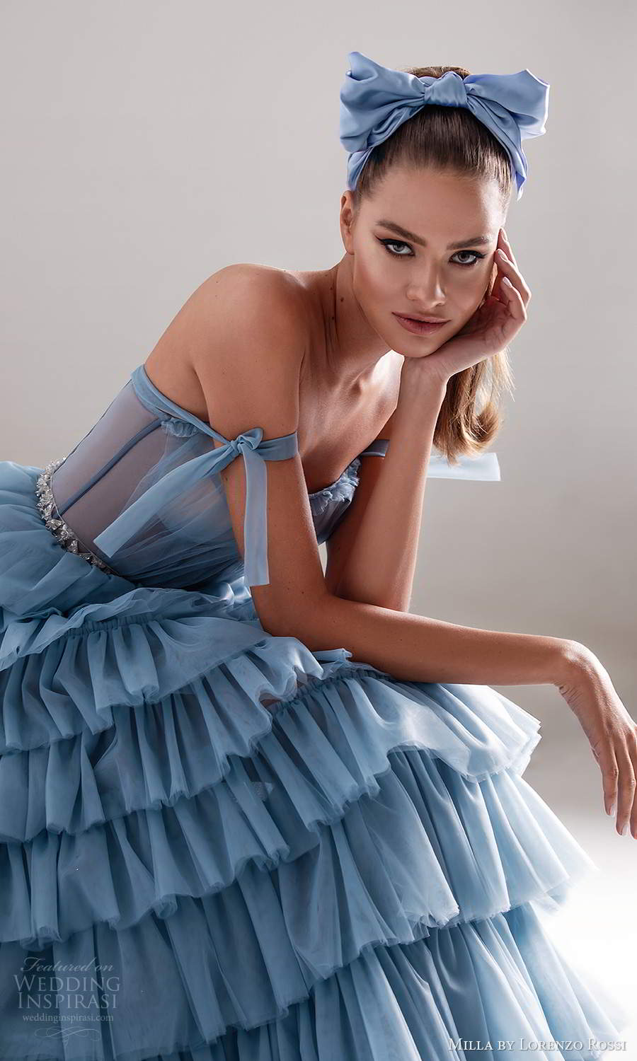 milla by lorenzo rossi 2020 rtw sleeveless straps sweetheart neckline ruched bodicea a line ball gown wedding dress ruffle tier skirt light blue color (10) zsv