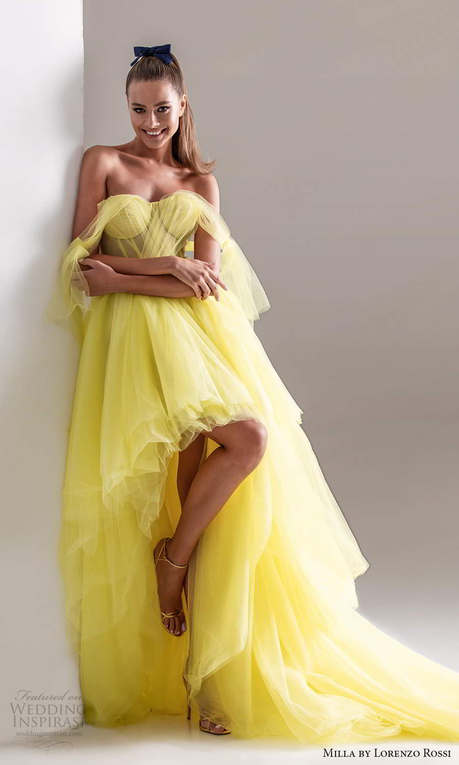 milla by lorenzo rossi 2020 rtw sleeveless thick ruched straps sweetheart neckline high low evening neon yellow (24) mv