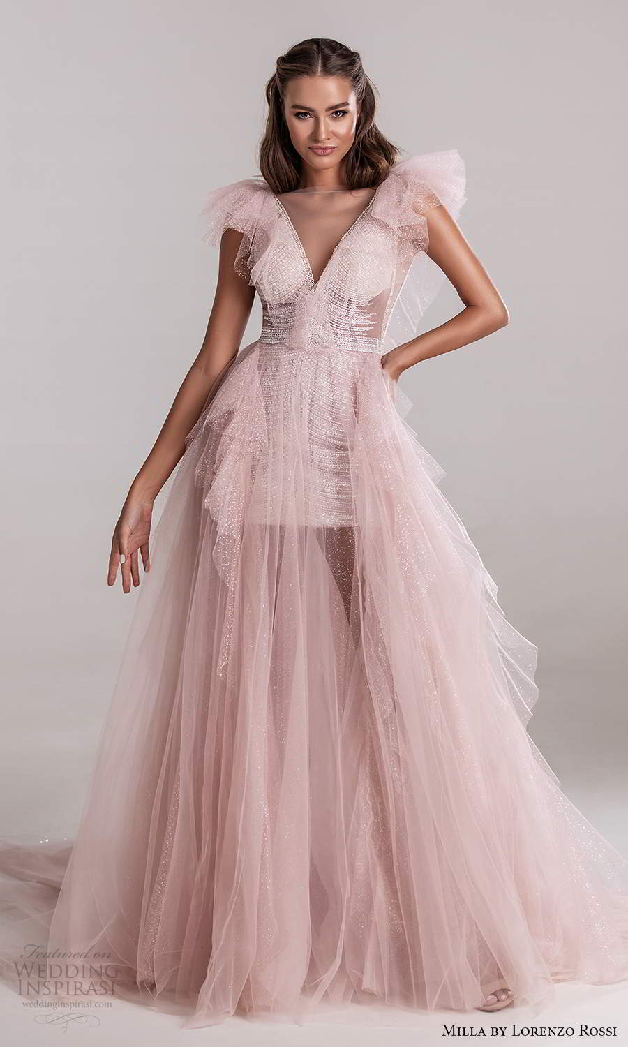 milla by lorenzo rossi 2020 rtw sleeveless v neckline ruffle sheer bodice a line ball gown pink dress (20) mv