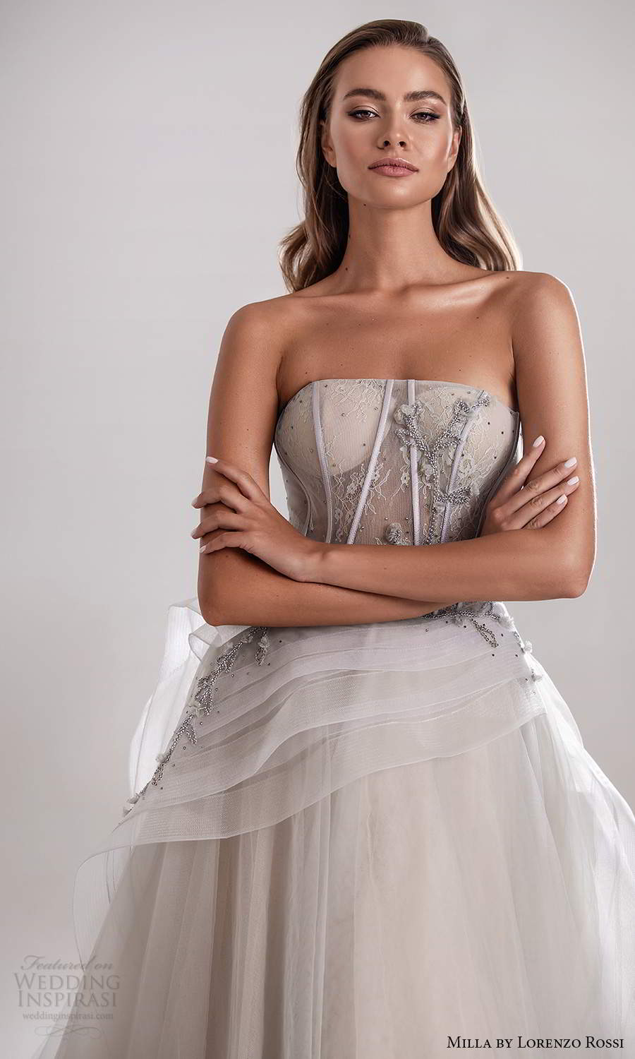 milla by lorenzo rossi 2020 rtw strapless straight across sheer corset bodice a line ball gown wedding dress grey color (18) mv