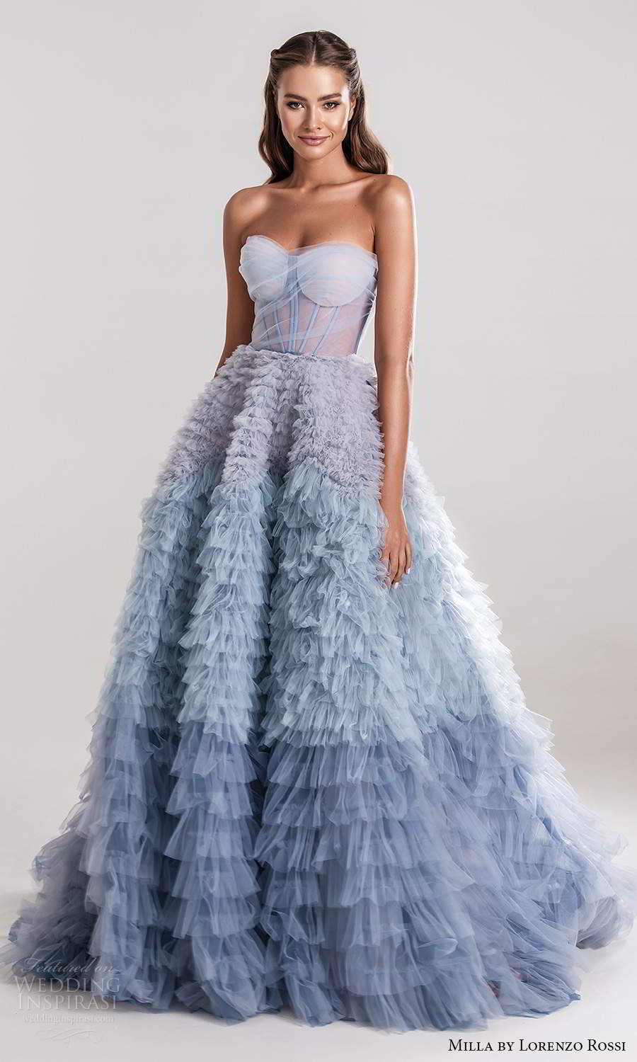 milla by lorenzo rossi 2020 rtw strapless sweetheart neckline ruched corset bodice a line ball gown wedding dress ruffle skirt ombre blue (17) mv