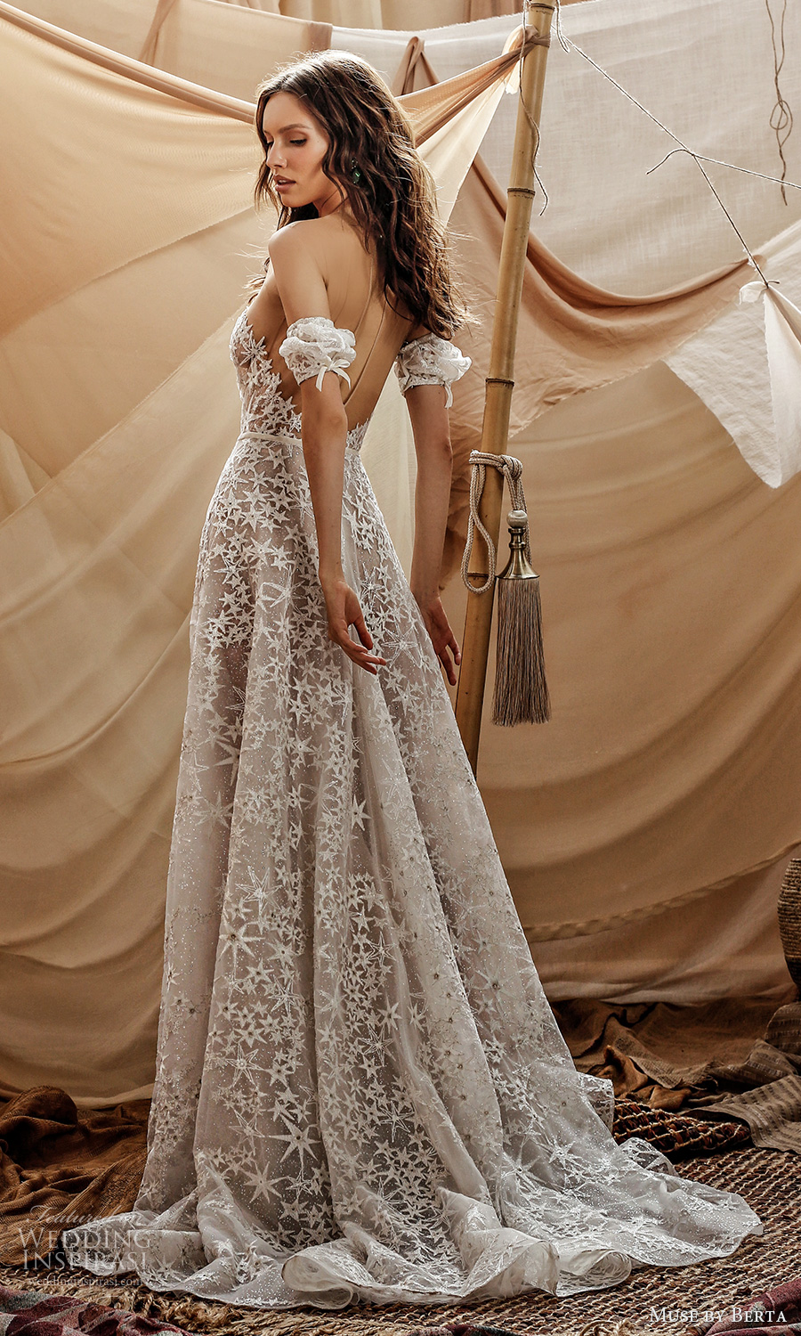 muse by berta spring 2021 bridal detached short puff sleeves plunging sweetheart neckline fully embellished a line ball gown wedding dress chapel train (4) bv