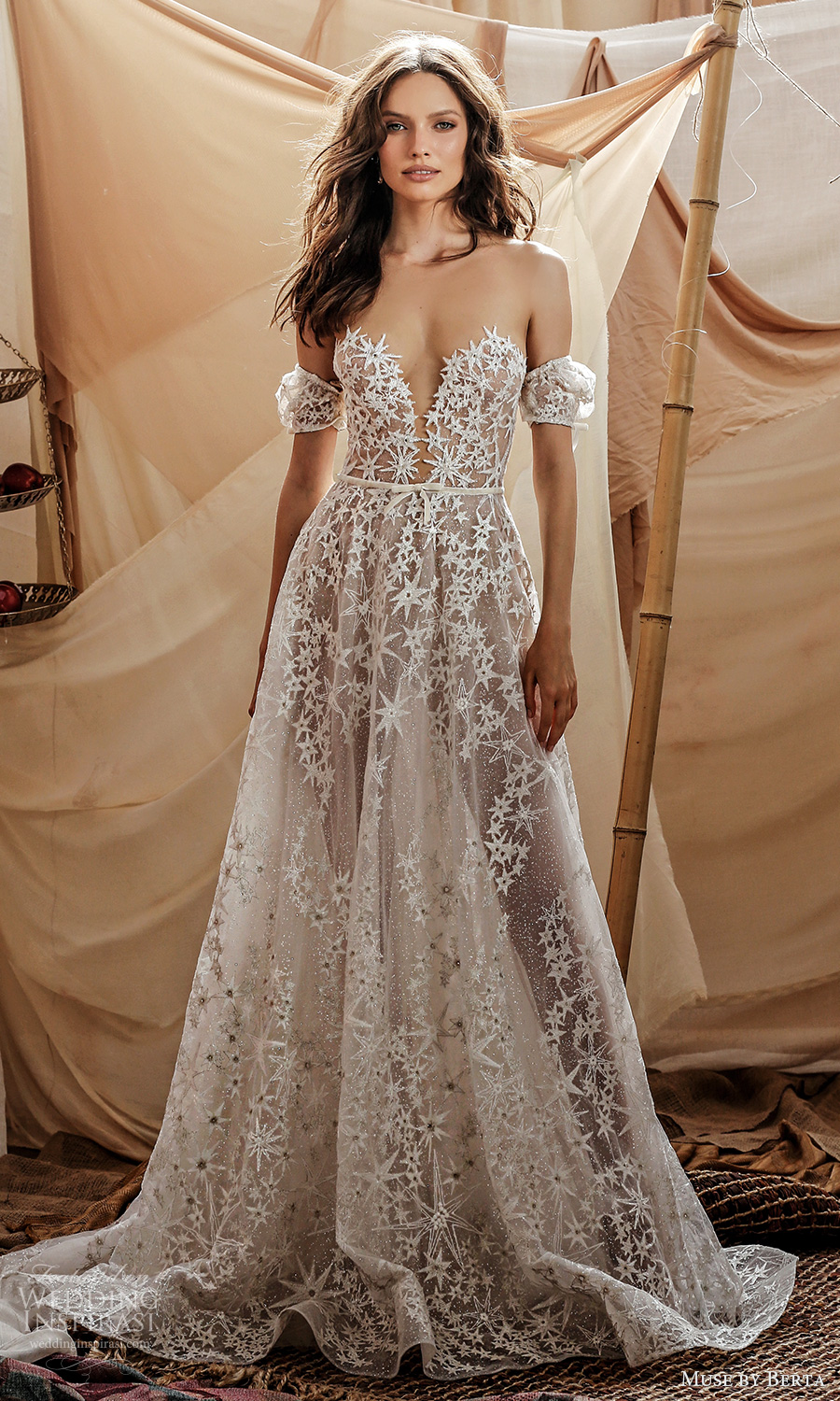 muse by berta spring 2021 bridal detached short puff sleeves plunging sweetheart neckline fully embellished a line ball gown wedding dress chapel train (4) mv