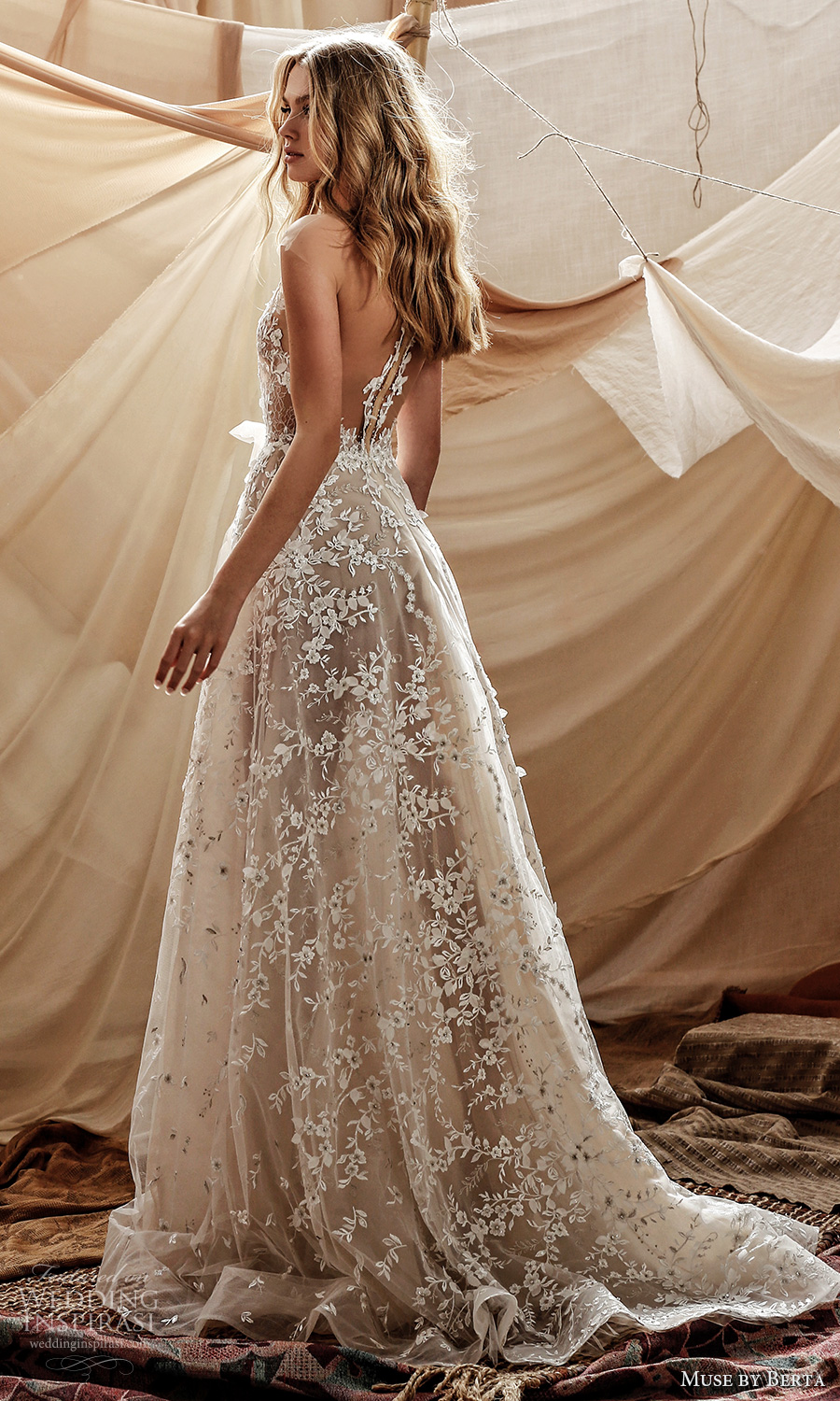 muse by berta spring 2021 bridal sleeveless illusion straps plunging v neckline fully embellished lace a line ball gown wedding dress chapel train (2) bv