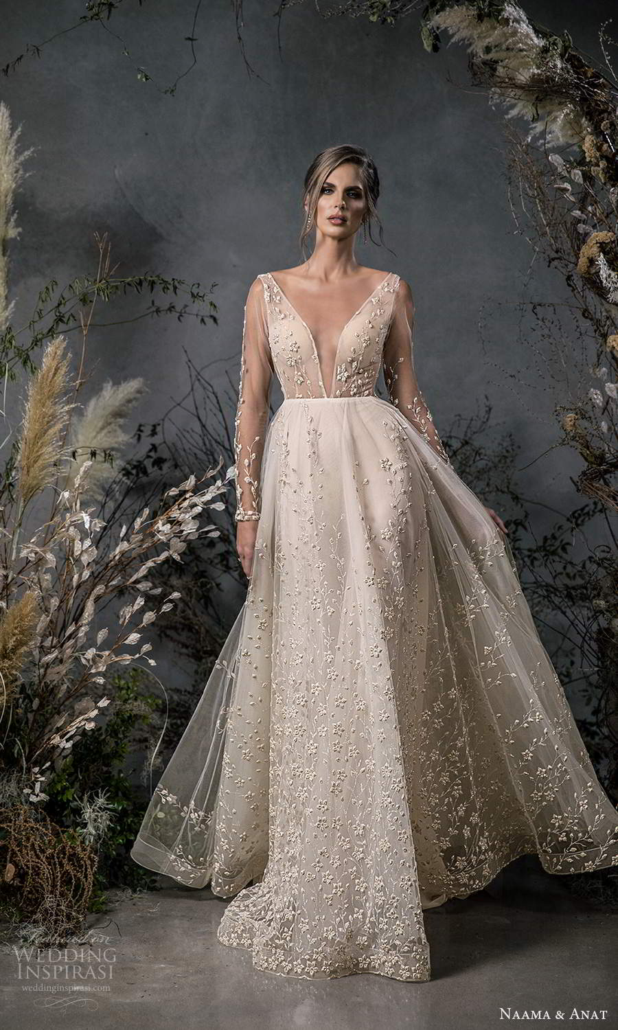 naama anat fall 2020 bridal illusion long sleeves plunging v neckline fully embellished a line ball gown wedding dress chapel train (6) mv