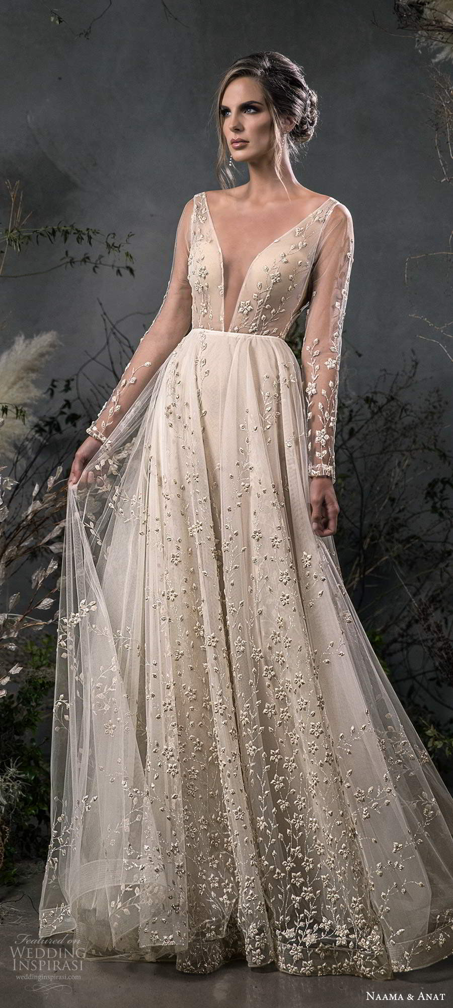 naama anat fall 2020 bridal illusion long sleeves plunging v neckline fully embellished a line ball gown wedding dress scoop back chapel train (6) lv