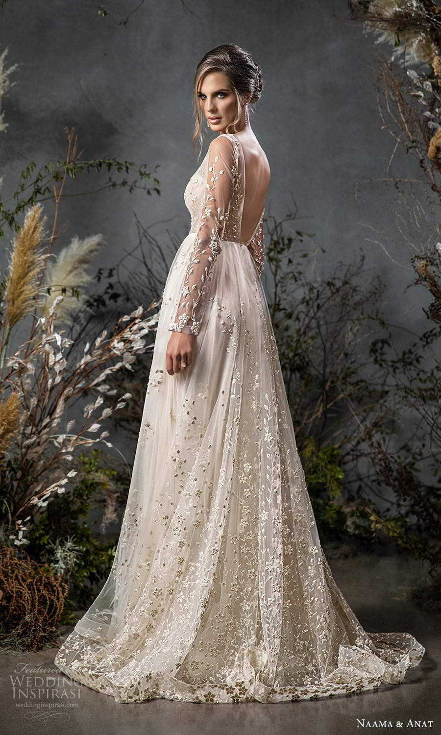 naama anat fall 2020 bridal illusion long sleeves plunging v neckline fully embellished a line ball gown wedding dress scoop back chapel train (6) mv