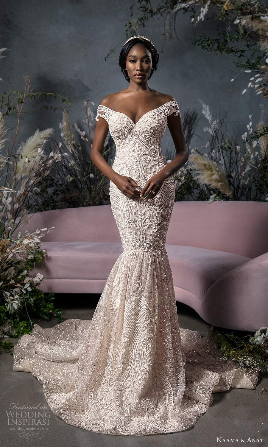 naama anat fall 2020 bridal off shoulder sweetheart neckline fully embellished fit flare mermad wedding dress chapel train blush (5) mv