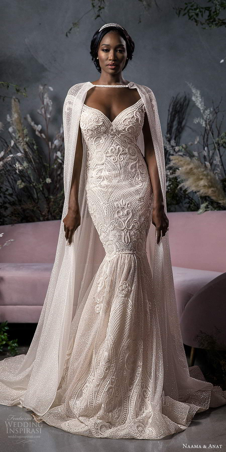 naama anat fall 2020 bridal off shoulder sweetheart neckline fully embellished fit flare mermad wedding dress chapel train blush cape (5) bv naama anat fall 2020 bridal off shoulder sweetheart neckline fully embellished fit flare mermad wedding dress chapel train blush cape (5) bv