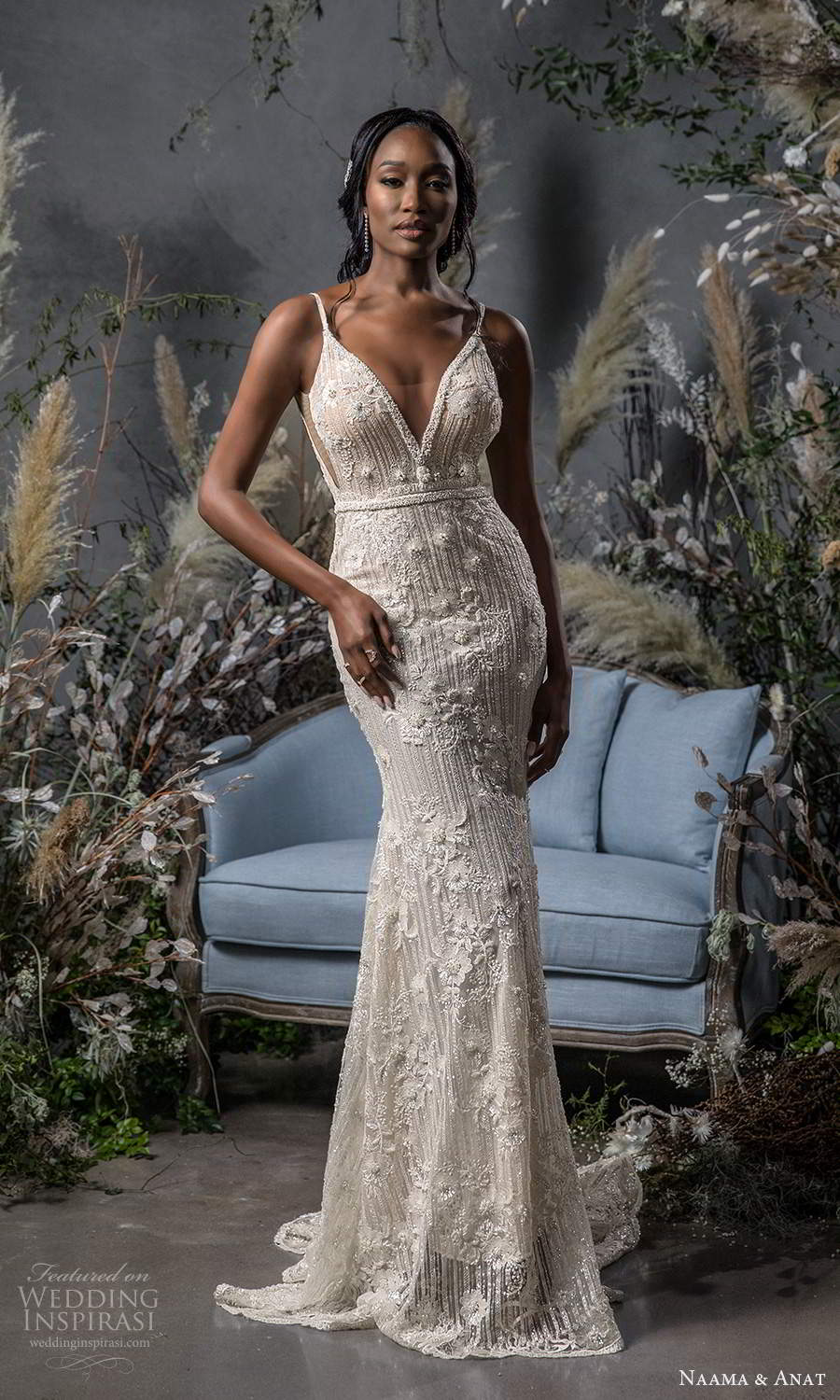 naama anat fall 2020 bridal sleeveless beaded straps sweetheart neckline fully embellished sheath wedding dress scoop back chapel train (1) mv