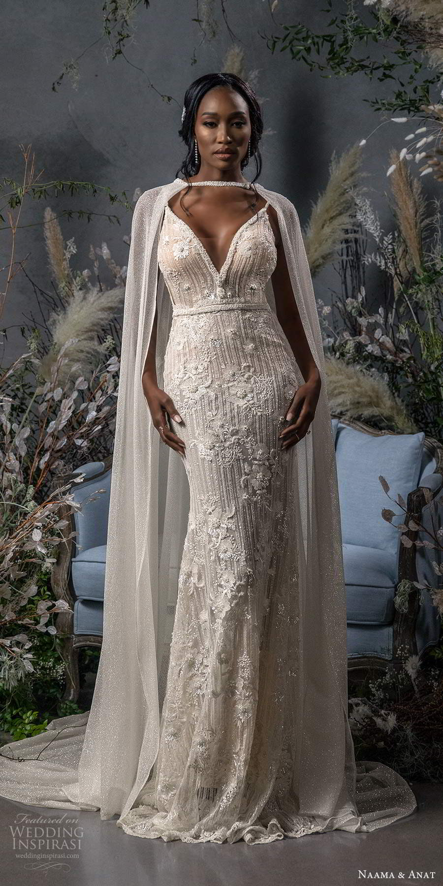 naama anat fall 2020 bridal sleeveless beaded straps sweetheart neckline fully embellished sheath wedding dress scoop back chapel train cape (1) mv