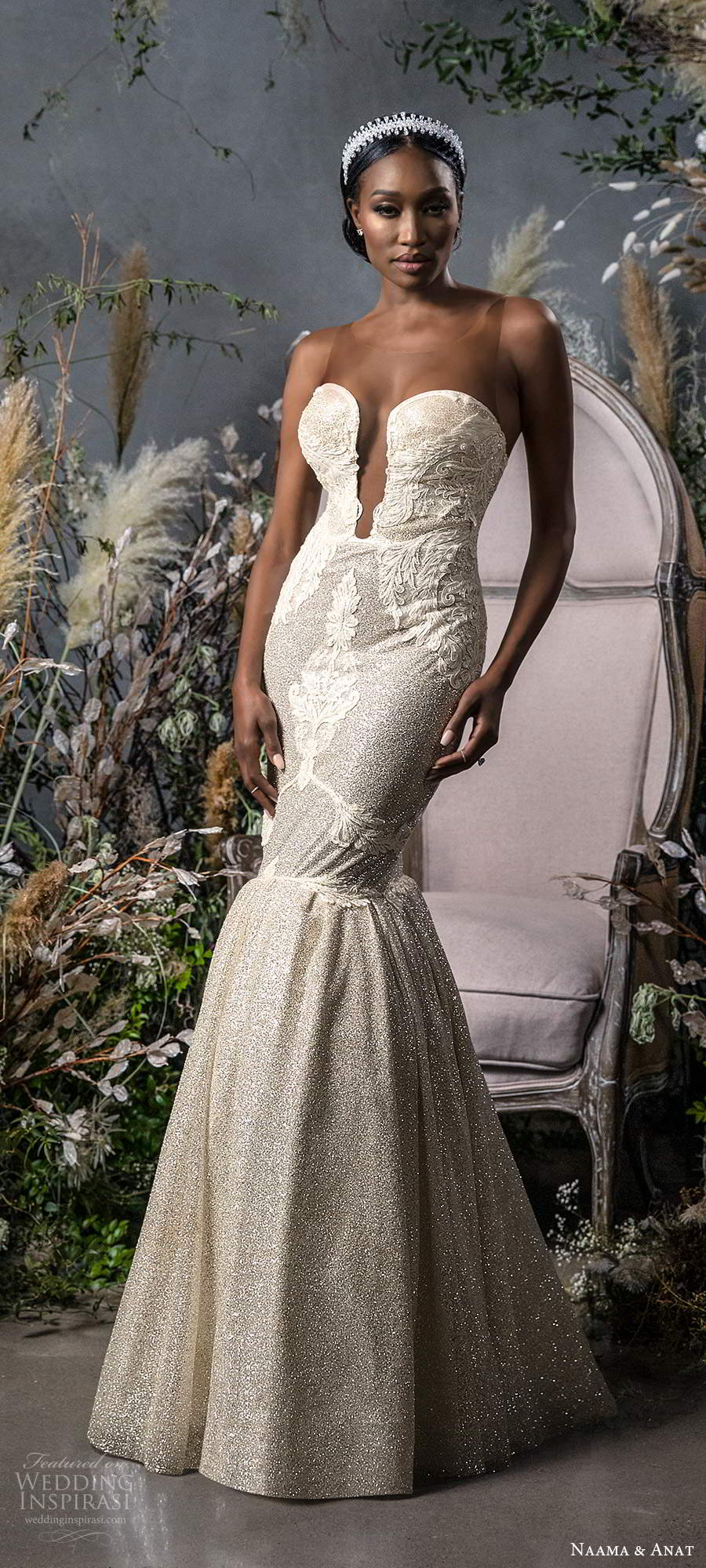 naama anat fall 2020 bridal sleeveless illusion straps plunging sweetheart neckline fully embellished fit flare mermaid wedding dress chapel train (12) mv