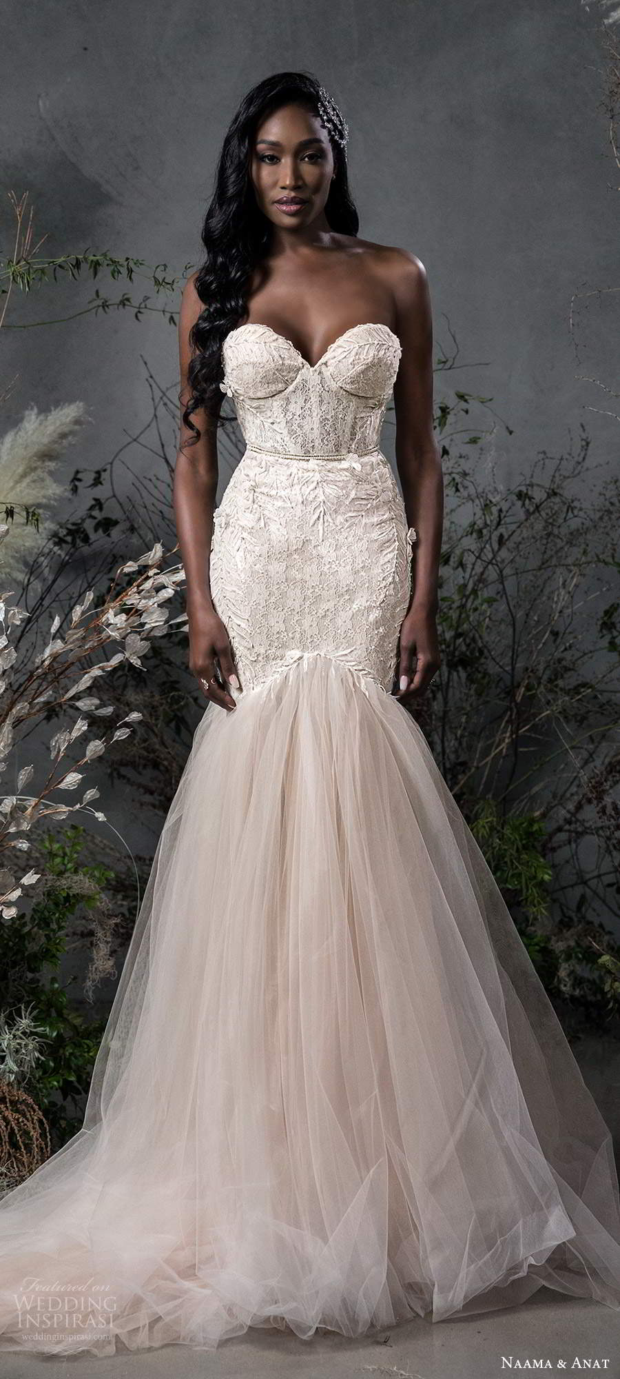 naama anat fall 2020 bridal strapless sweetheart neckline fully embellished fit flare mermaid wedding dress chapel train blush (11) lv naama anat fall 2020 bridal strapless sweetheart neckline fully embellished fit flare mermaid wedding dress chapel train blush (11) lv