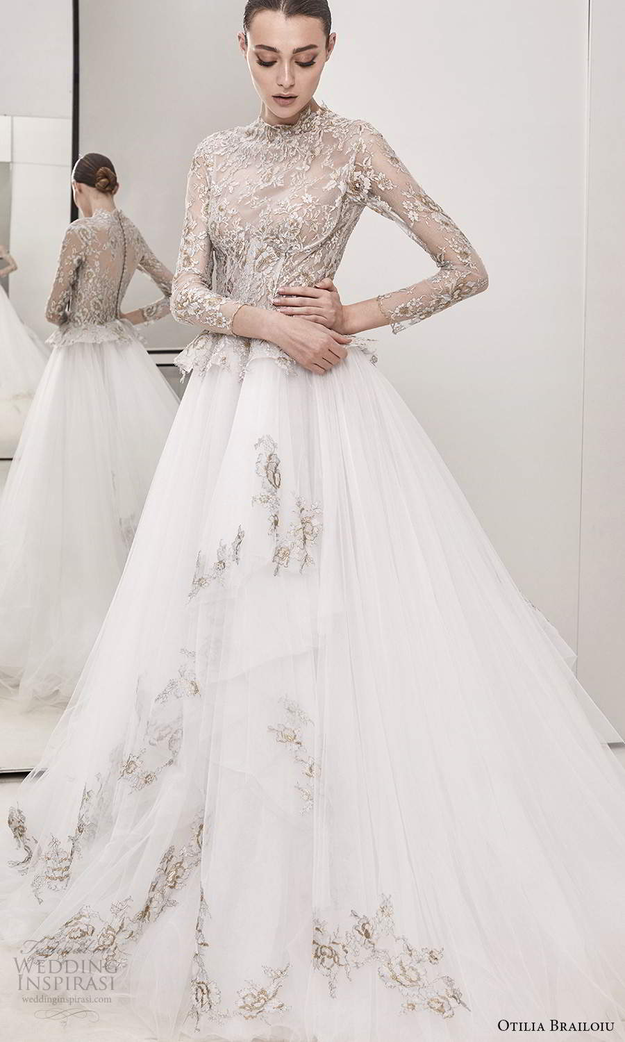 otilia brailoiu spring 2020 bridal 3 quarter sleeves high neckline sheer embellished bodice a line ball gown wedding dress chapel train (3) mv