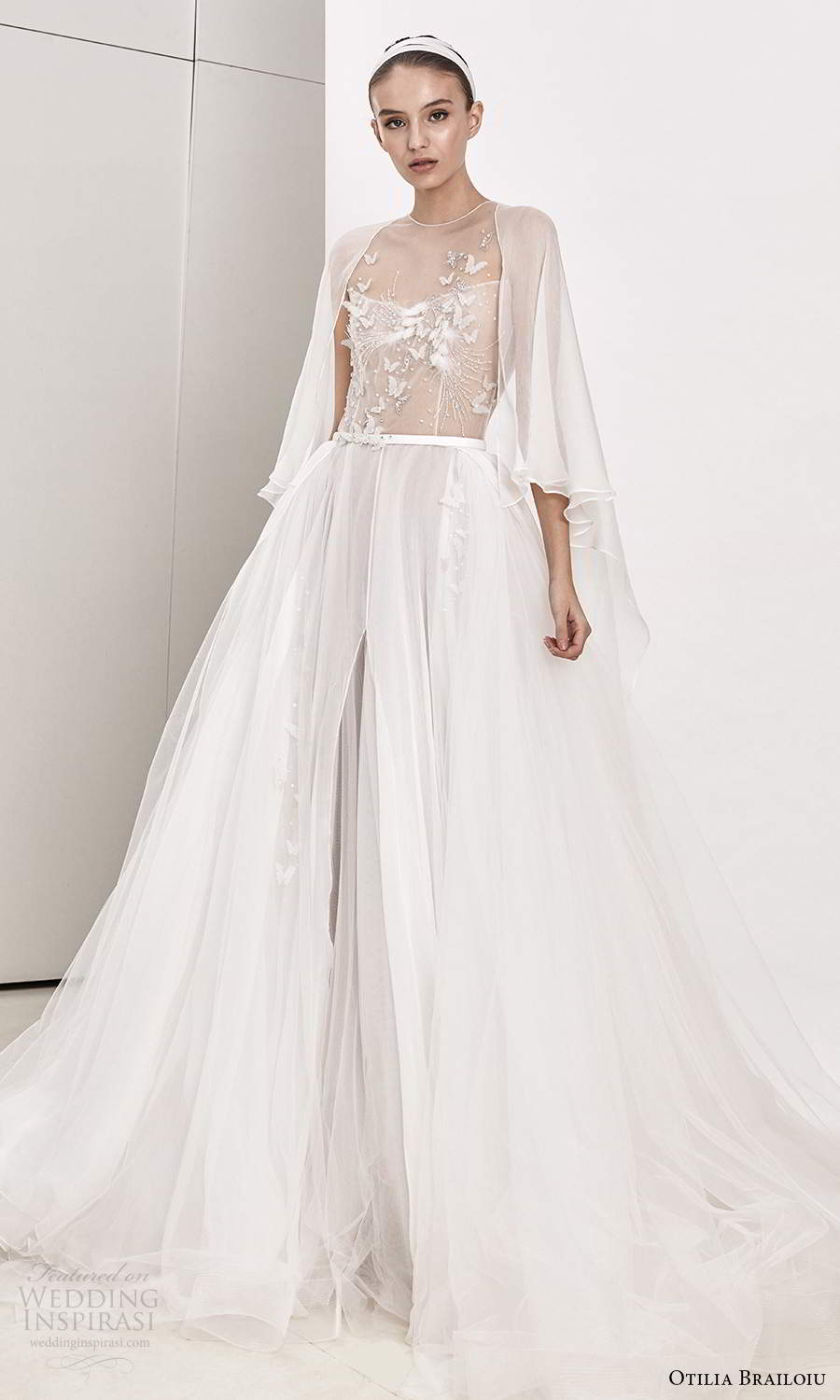 otilia brailoiu spring 2020 bridal cape sleeves jewel neckline illusion embellished bodice a line ball gown wedding dress chapel train (23) mv