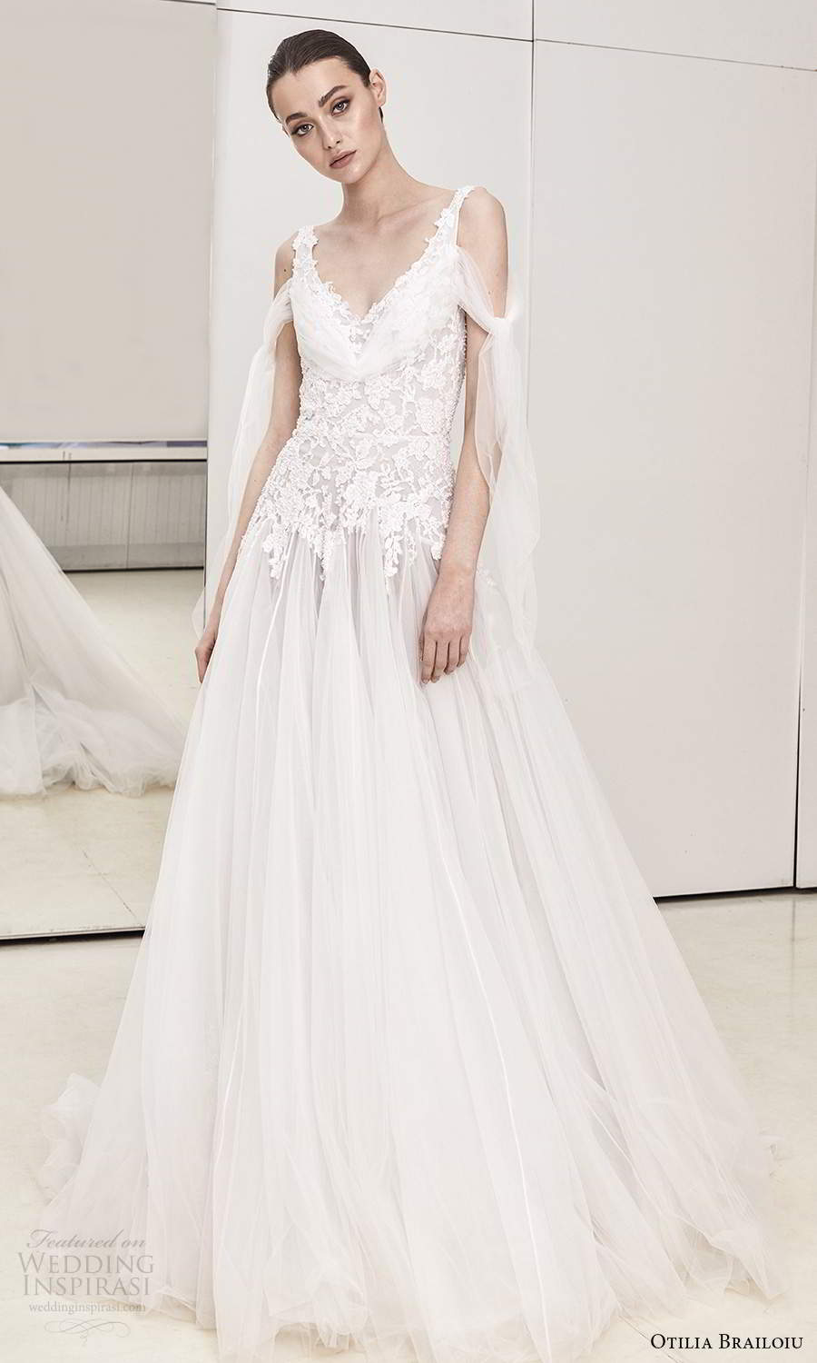 otilia brailoiu spring 2020 bridal cold shoulder straps v neckline embellished bodice a line ball gown wedding dress chapel train (24) mv