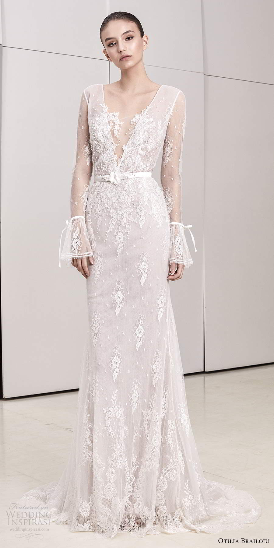 otilia brailoiu spring 2020 bridal flare long sleeves plunging v neckline embellished sheath wedding dress sweep train (22) mv