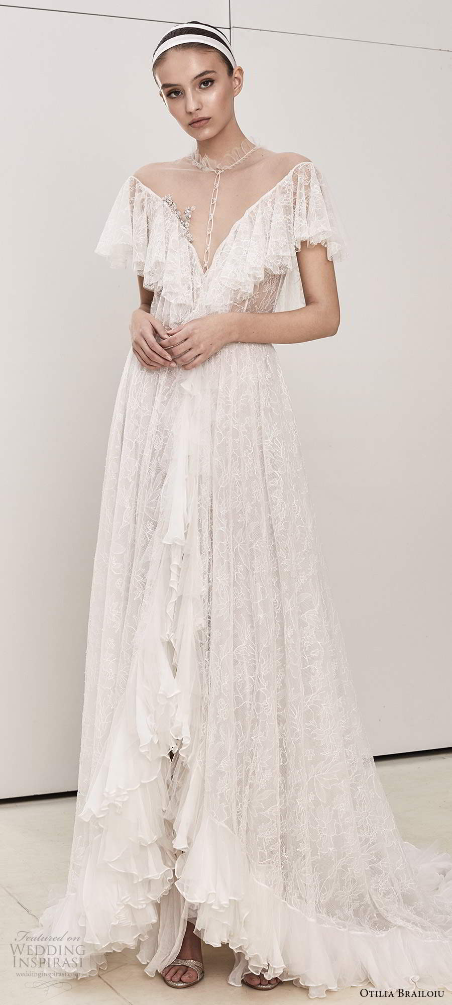 otilia brailoiu spring 2020 bridal flutter sleeves illusion high neck off shoulder v neckline embellished lace a line wedding dress chapel train (1) mv