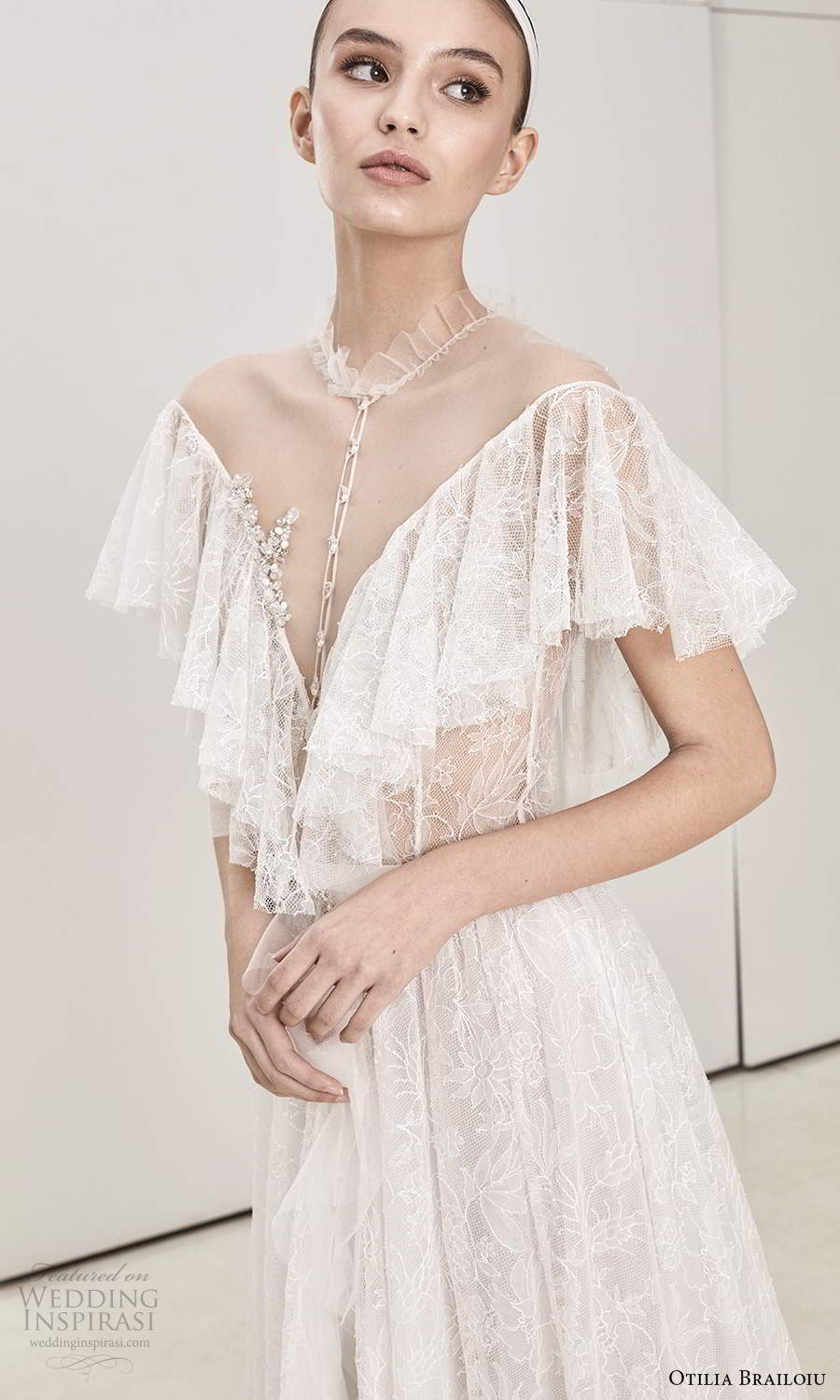 otilia brailoiu spring 2020 bridal flutter sleeves illusion high neck off shoulder v neckline embellished lace a line wedding dress chapel train (1) zv