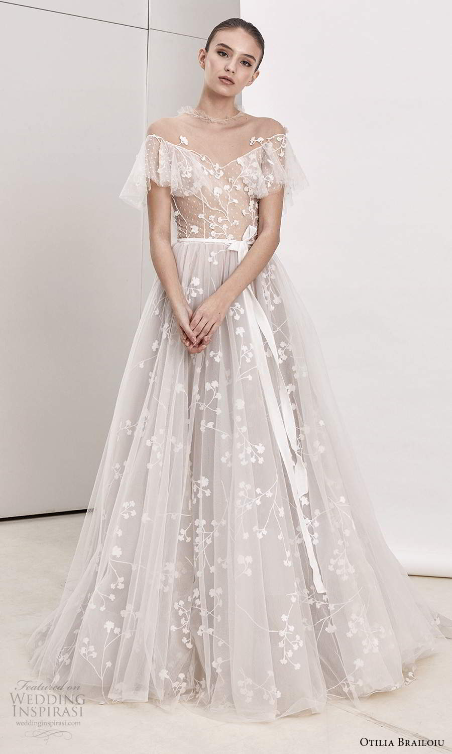 otilia brailoiu spring 2020 bridal flutter sleeves off shoulder v neckline sheer embellished bodice a line ball gown wedding dress chapel train (4) mv