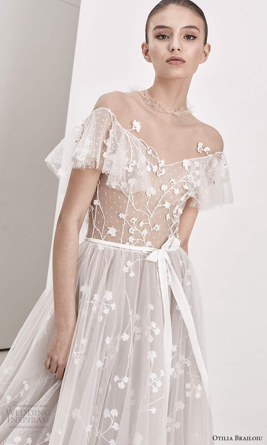 otilia brailoiu spring 2020 bridal flutter sleeves off shoulder v neckline sheer embellished bodice a line ball gown wedding dress chapel train (4) zv