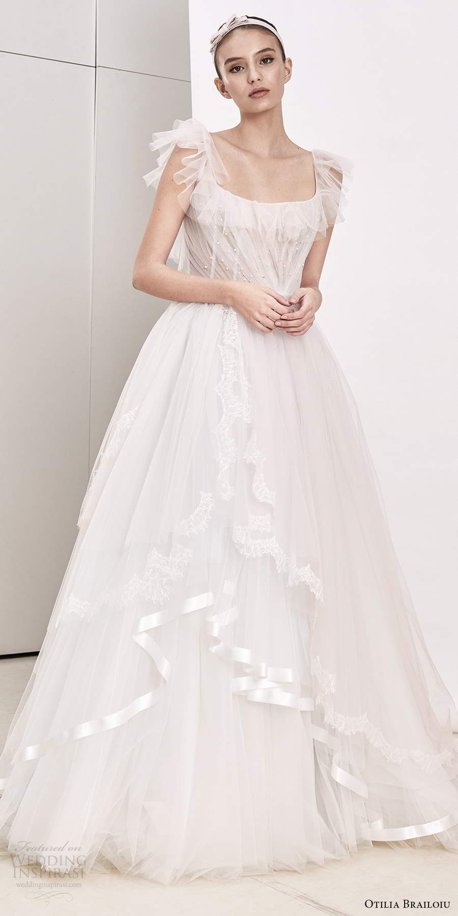 otilia brailoiu spring 2020 bridal flutter sleeves scoop neckline ruched bodice a line ball gown wedding dress chapel train (8) mv