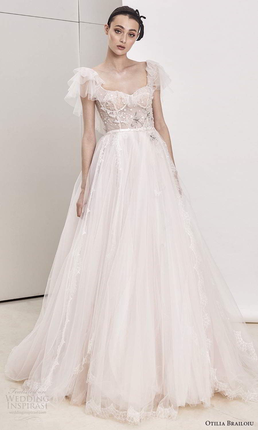 otilia brailoiu spring 2020 bridal flutter sleeves semi sweetheart neckline embellished sheer bodice a line ball gown wedding dress chapel train (17) mv