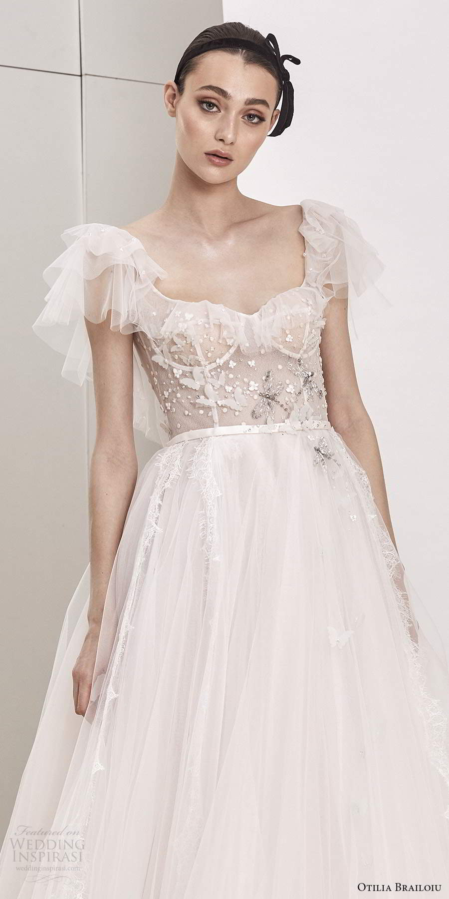 otilia brailoiu spring 2020 bridal flutter sleeves semi sweetheart neckline embellished sheer bodice a line ball gown wedding dress chapel train (17) zv