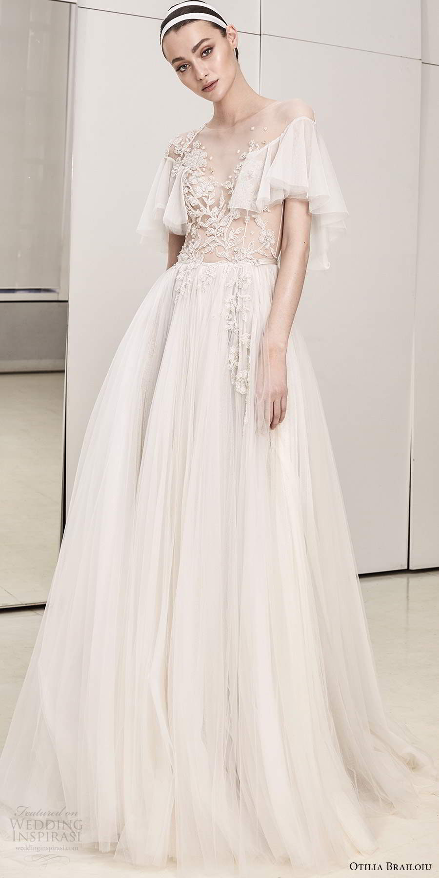 otilia brailoiu spring 2020 bridal flutter sleeves sheer jewel neckline embellished bodice a line ball gown boho wedding dress chapel train (6) mv