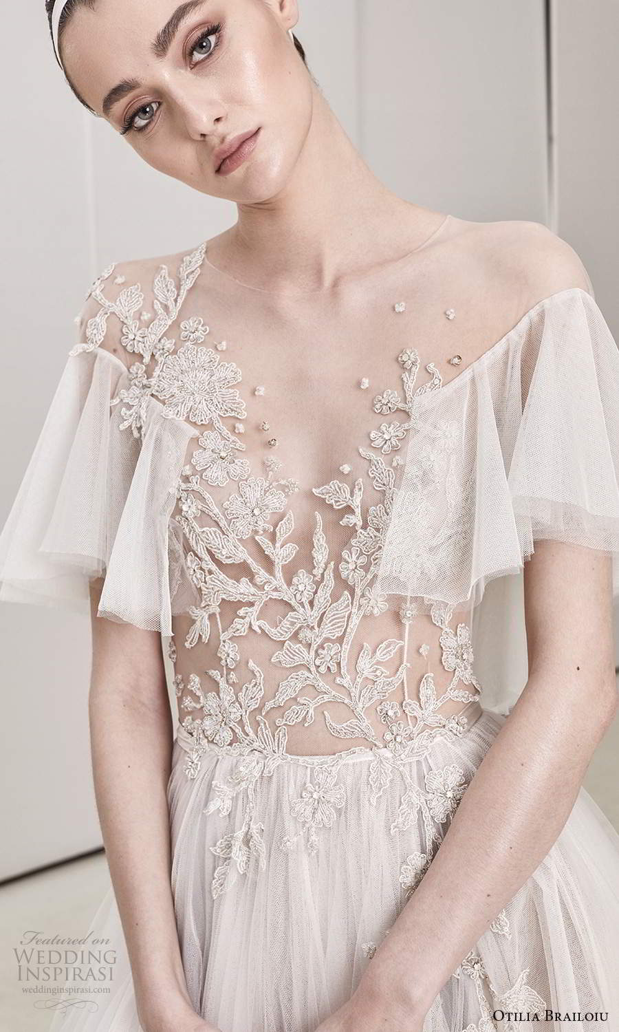 otilia brailoiu spring 2020 bridal flutter sleeves sheer jewel neckline embellished bodice a line ball gown boho wedding dress chapel train (6) zv