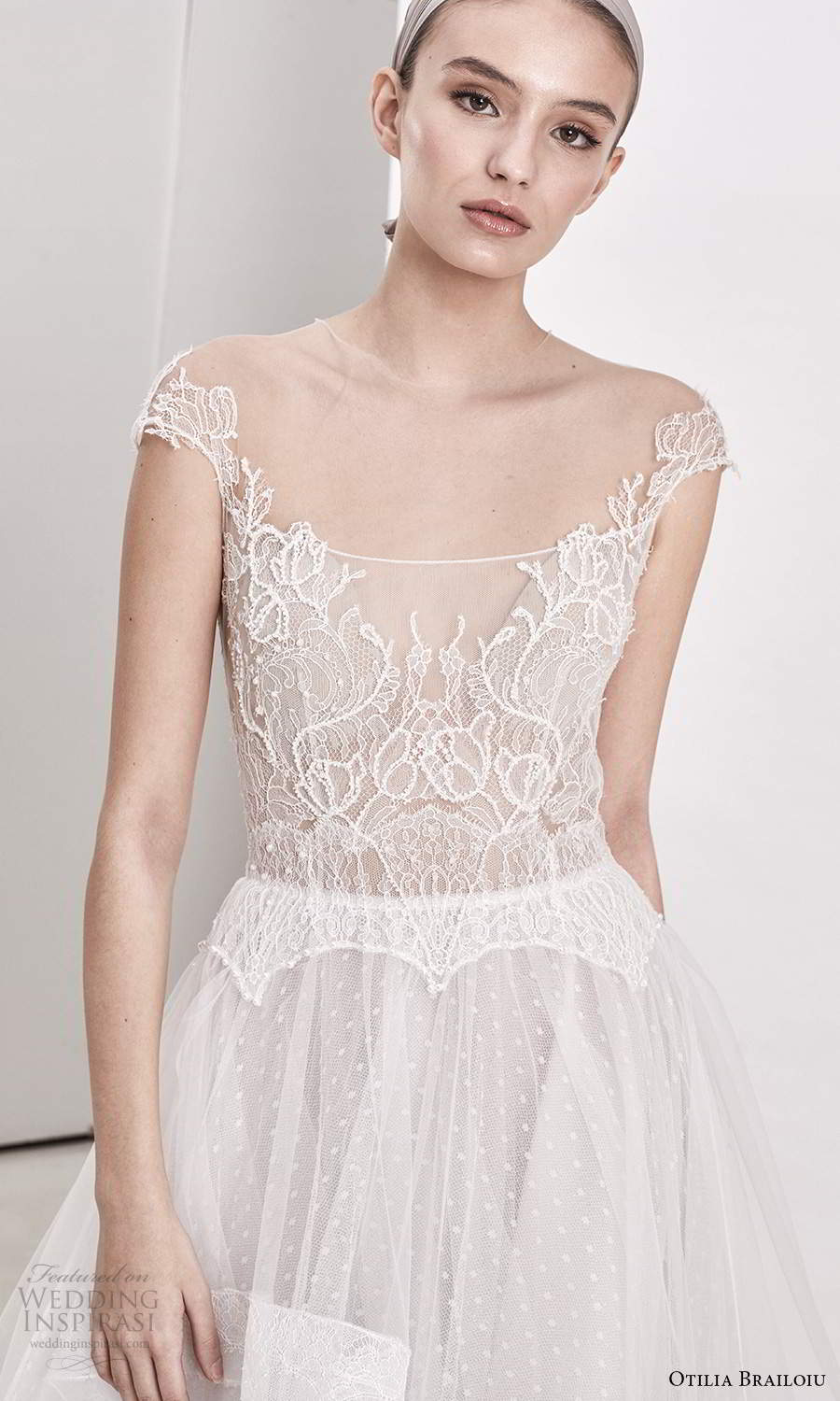 otilia brailoiu spring 2020 bridal illusion cap sleeves sheer scoop neckline embellished bodice a line ball gown wedding dress chapel train (7) zv
