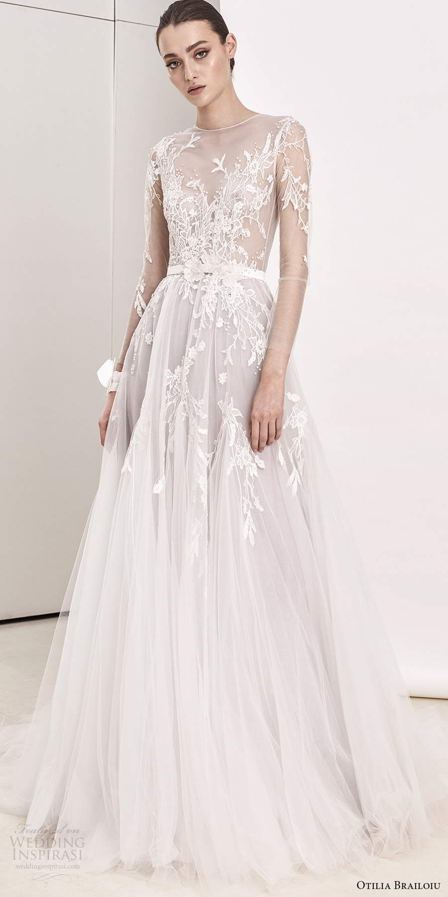 otilia brailoiu spring 2020 bridal illusion sleeves jewel neckline embellished bodice a line ball gown wedding dress chapel train (13) mv