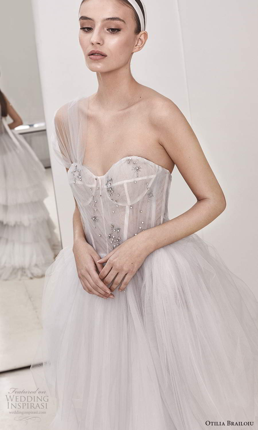 otilia brailoiu spring 2020 bridal one shoulder sheer ruched straps semi sweetheart neckline embellished bodice a line ball gown wedding dress chapel train (11) zv