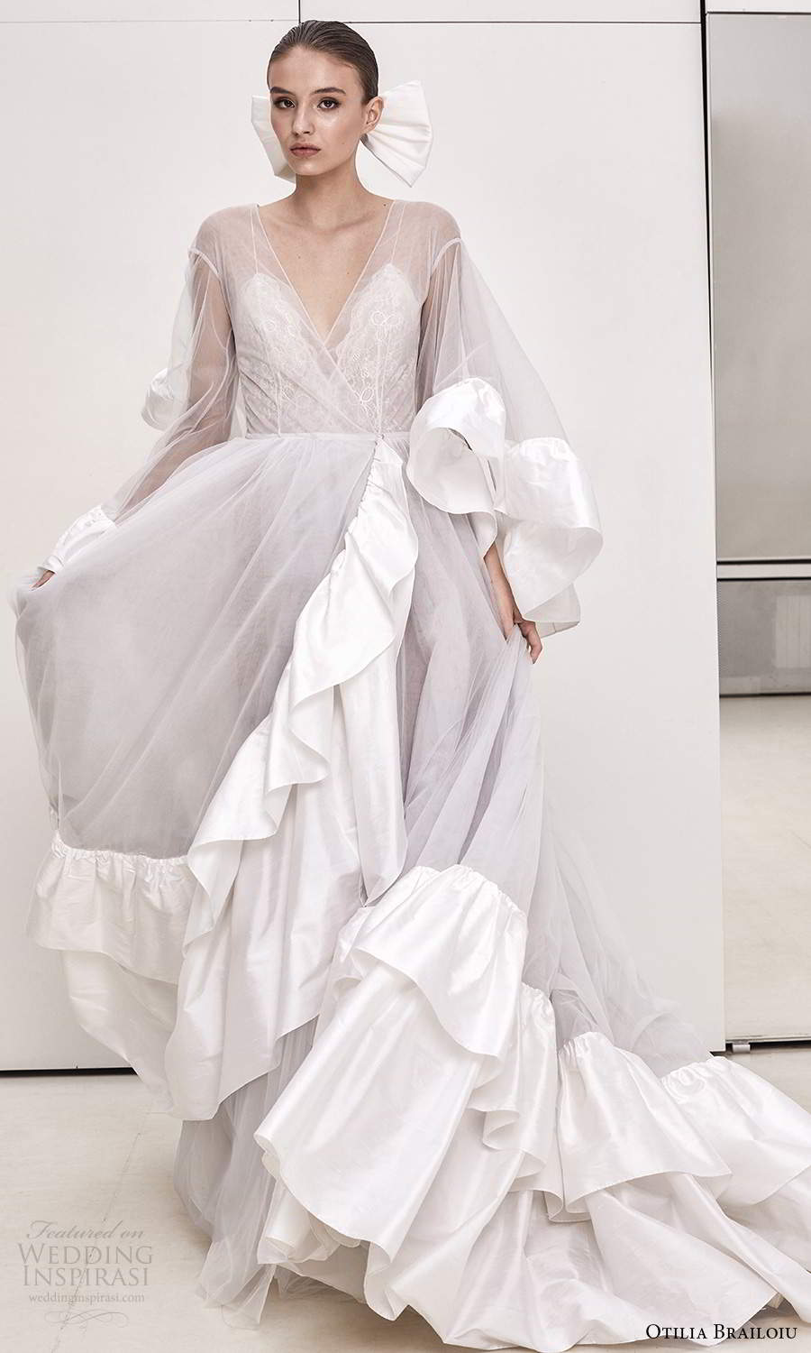 otilia brailoiu spring 2020 bridal sheer balloon sleeves surplice v neckline coat a line ball gown wedding dress chapel train (25) mv