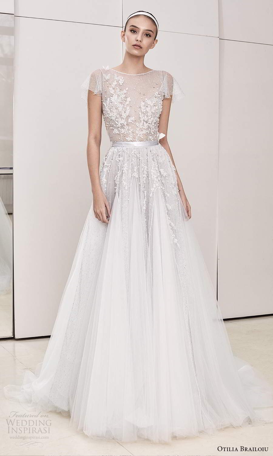 otilia brailoiu spring 2020 bridal sheer flutter sleeves bateau neckline embellished bodice a line ball gown wedding dress chapel train (19) mv